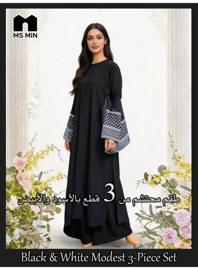 MS MIN 3 Piece Keffiyeh Abaya Set for Women, Black Oversized Modest Wear with Wide Leg Pants & Matching Tote Bag, Patterned Cuff Abaya - Image 1