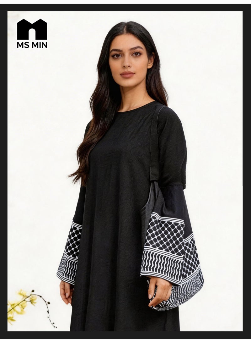 MS MIN 3 Piece Keffiyeh Abaya Set for Women, Black Oversized Modest Wear with Wide Leg Pants & Matching Tote Bag, Patterned Cuff Abaya - Image 2