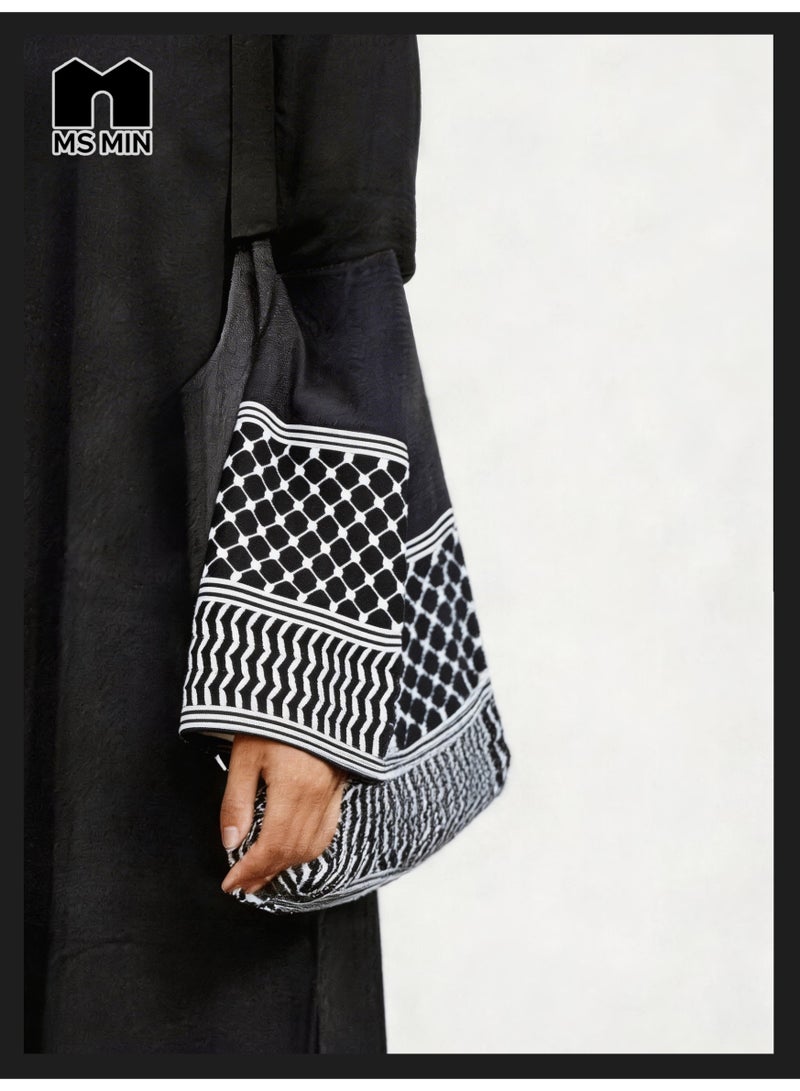 MS MIN 3 Piece Keffiyeh Abaya Set for Women, Black Oversized Modest Wear with Wide Leg Pants & Matching Tote Bag, Patterned Cuff Abaya - Image 3