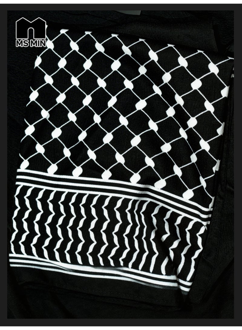 MS MIN 3 Piece Keffiyeh Abaya Set for Women, Black Oversized Modest Wear with Wide Leg Pants & Matching Tote Bag, Patterned Cuff Abaya - Image 4