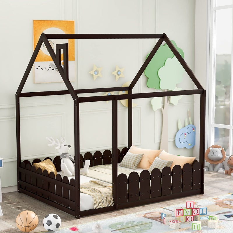 Merax Merax Kids Wood House Floor Beds with Fence Montessori Bed Frames for BoysGirls Box Spring Need Full Espresso