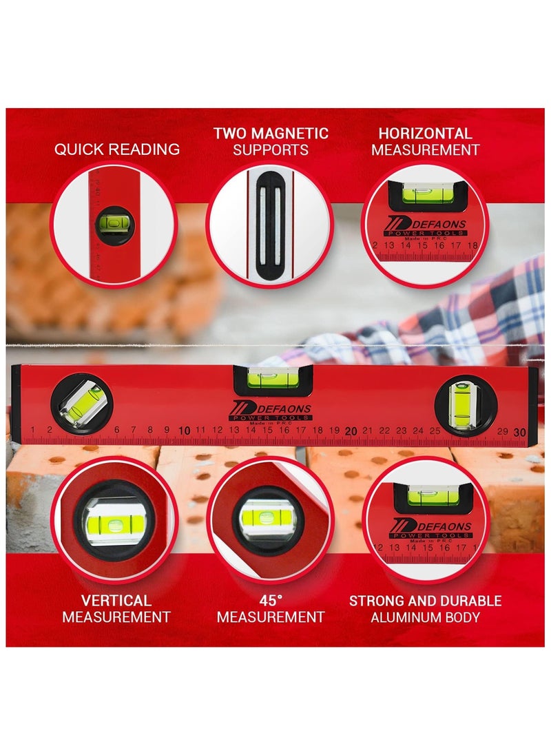 DEFAONS - DEFAONS Super magnetic Torpedo Level, 30cm, High visibility block vials, Shock Absorbent End Caps ,3 Bubbles with Different Tilt Orientation. - Image 1