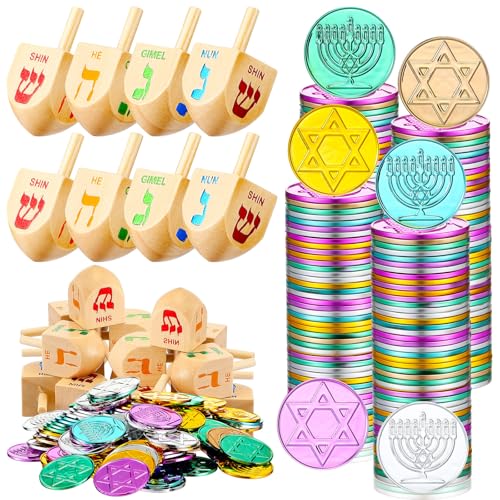 Realspring Hanukkah Gift Set of 200 pcs Hanukkah Coins and 10 pcs Wooden Hanukkah Dreidels Hanukkah Gelt Coins Treasure Hunt Coins Treasure Hunt Game Toy Hanukkah Party Supplies Multicolor - Image 1