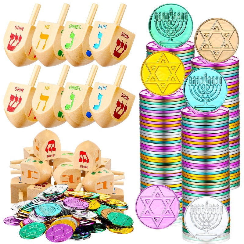 Realspring Hanukkah Gift Set of 200 pcs Hanukkah Coins and 10 pcs Wooden Hanukkah Dreidels Hanukkah Gelt Coins Treasure Hunt Coins Treasure Hunt Game Toy Hanukkah Party Supplies Multicolor - Image 3