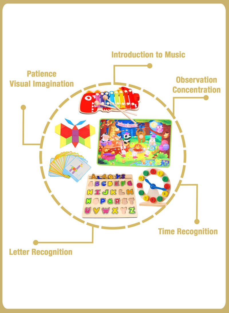 الأسطورة تويز متقدم (3-6 سنوات) مجموعة أساسية 5 في 1 ، ألغاز ، ساعة ، لوح الحروف الأبجدية ، إكسيليفون ، أحجية الصور المقطوعة ، ألعاب تعليمية ونشاط مونتيسوري خشبي للأطفال. P041 - Image 4