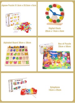 al ostoura toys Educational Wooden Learning Basic 5in1 Set Puzzle Clock Alphabet Board Xylophone Jigsaw Puzzle Montessori Activity Kids Toys and Games  - Image 3
