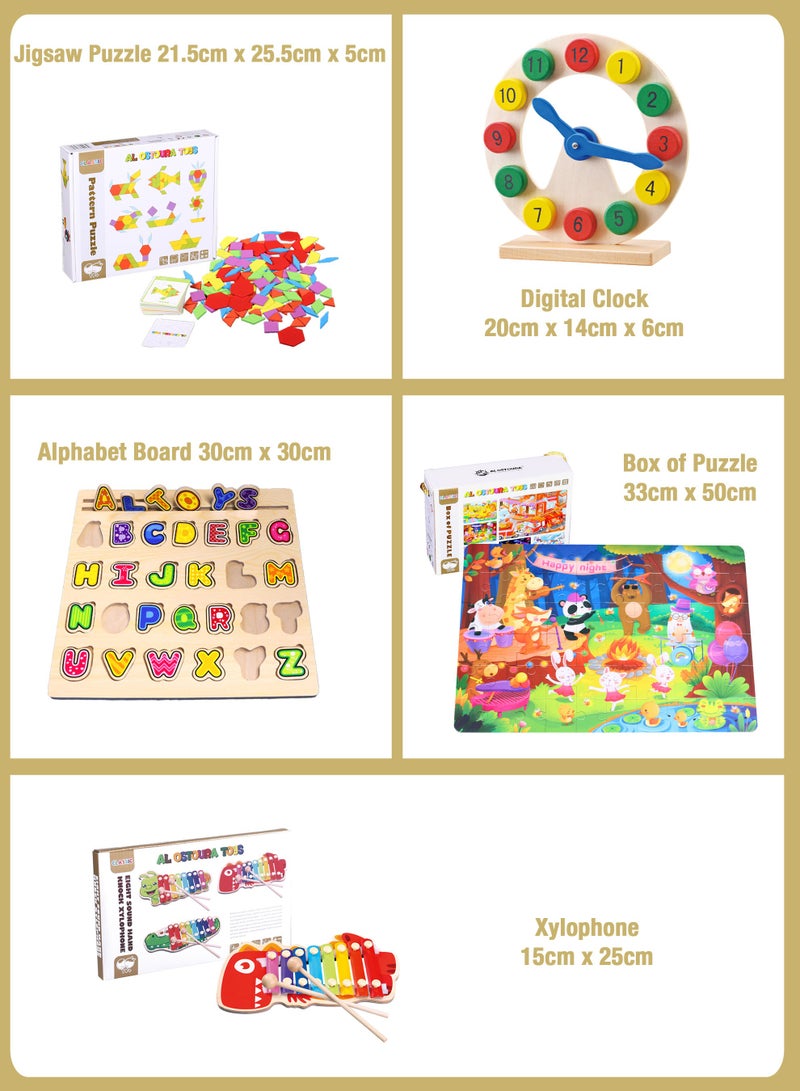 الأسطورة تويز متقدم (3-6 سنوات) مجموعة أساسية 5 في 1 ، ألغاز ، ساعة ، لوح الحروف الأبجدية ، إكسيليفون ، أحجية الصور المقطوعة ، ألعاب تعليمية ونشاط مونتيسوري خشبي للأطفال. P041 - Image 3