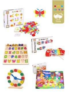 al ostoura toys Educational Wooden Learning Basic 5in1 Set Puzzle Clock Alphabet Board Xylophone Jigsaw Puzzle Montessori Activity Kids Toys and Games  - Image 1
