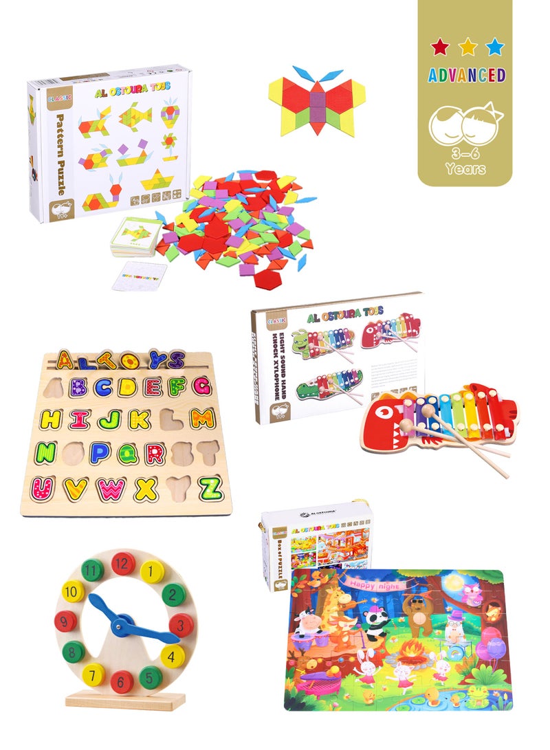 الأسطورة تويز متقدم (3-6 سنوات) مجموعة أساسية 5 في 1 ، ألغاز ، ساعة ، لوح الحروف الأبجدية ، إكسيليفون ، أحجية الصور المقطوعة ، ألعاب تعليمية ونشاط مونتيسوري خشبي للأطفال. P041 - Image 1