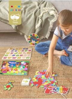 al ostoura toys Educational Wooden Learning Basic 5in1 Set Puzzle Clock Alphabet Board Xylophone Jigsaw Puzzle Montessori Activity Kids Toys and Games  - Image 2