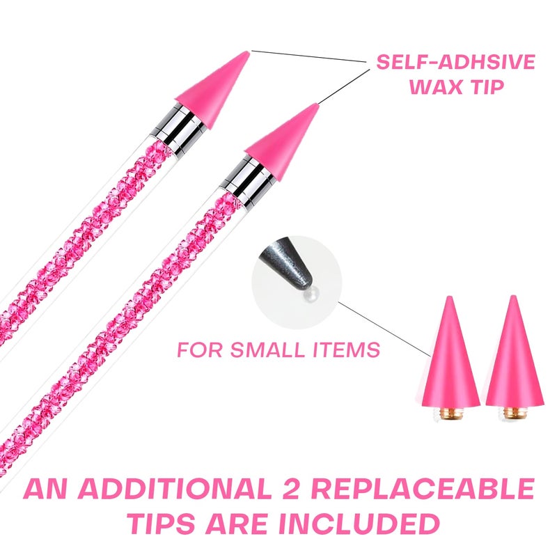 Yaoociy Pink Rhinestone Picker Tool Set - 2 Pcs Dual-Head Wax Pens with 2 Wax Tips and 2 Pink Tweezers, Wax Pencil for Rhinestones, Crystal Diamond Pickup Tool for Nail Art, Gem and Crystal Application Kit - Image 2