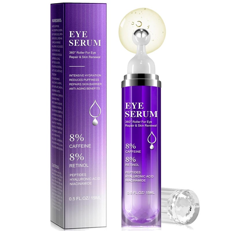 Eye Serum for Dark Circles and Puffiness Under Eye Cream Anti Aging for Puffiness and Bags with 360 Eye Roller Massage Ball Eye Serum with 8 Caffeine 8 Retinol for Women  Men