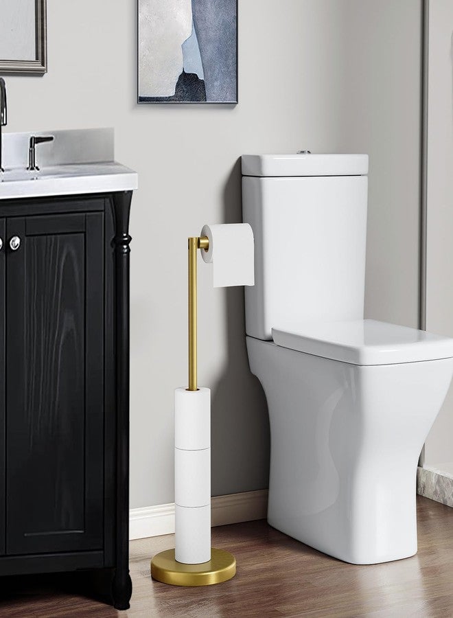 BATHLAVISH Brushed Gold Toilet Paper Holder Stand, 22.2" H Free Standing Toilet Paper Roll Holder Storage Shelf with Weighted Base, Rustproof Stainless Steel Bathroom Tissue Storage for Mega Rolls - Image 3