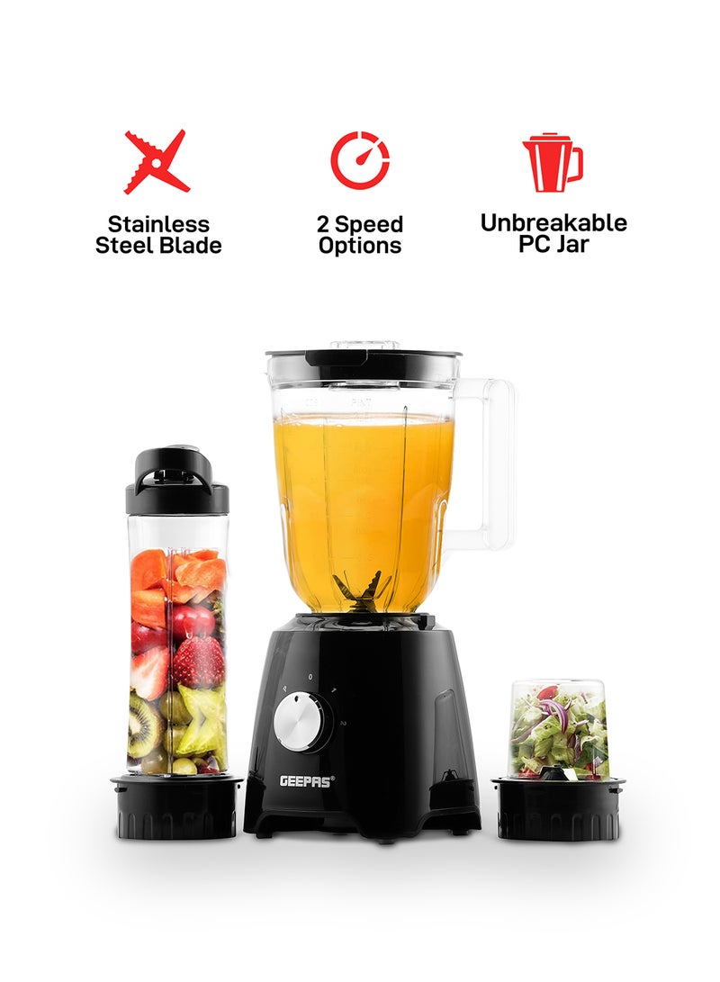 GEEPAS Multi functional Super Blender with 2 speed and Pulse Function Coffee/Spice Grinder Mill & Food Jug Blender 1.5 L 500 W GSB44033N Black/Clear - Image 1