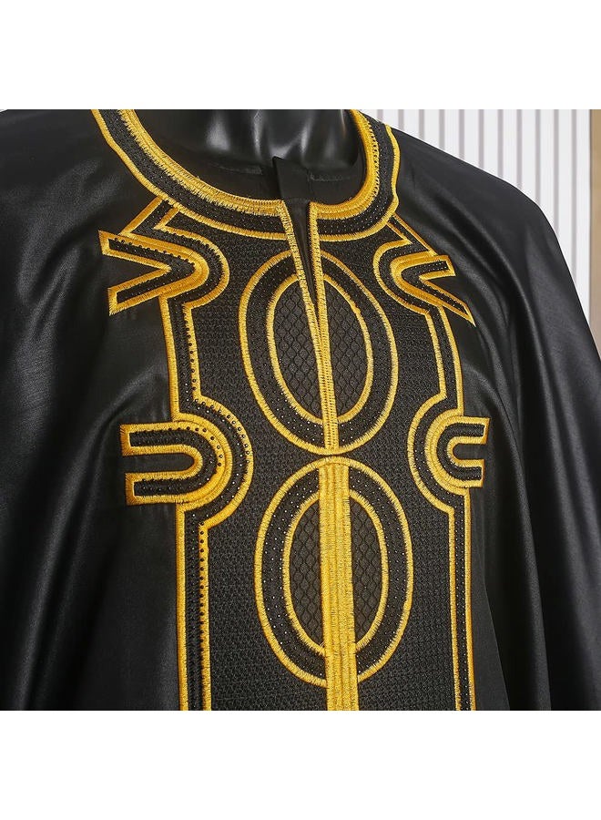 HD African Attire for Man Classic Rhinestone Agbada Suit Broder Boubou Caftan Outfit, Black-13, XL - Image 2