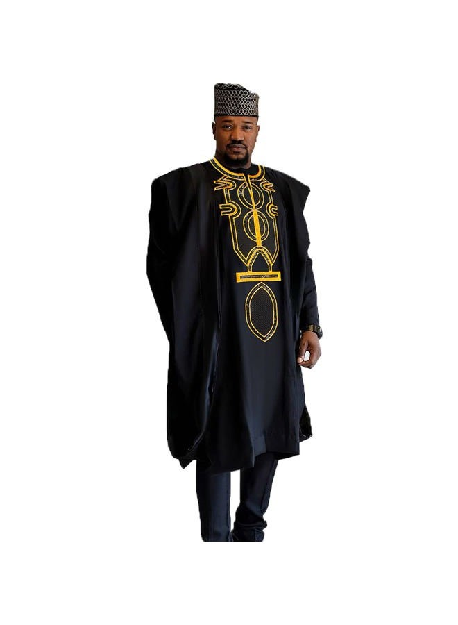 HD African Attire for Man Classic Rhinestone Agbada Suit Broder Boubou Caftan Outfit, Black-13, XL - Image 1