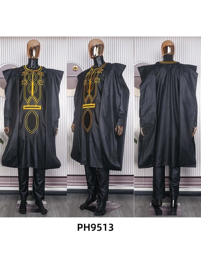 HD African Attire for Man Classic Rhinestone Agbada Suit Broder Boubou Caftan Outfit, Black-13, XL - Image 5