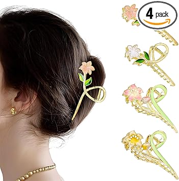 Huiguli 4 PCS Flower Metal Hair Clips Large Gold Hair Claws Women Girls Nonslip Decorative Hair Claw Clips for Thick Thin Hair Lily Gardenia - Image 1