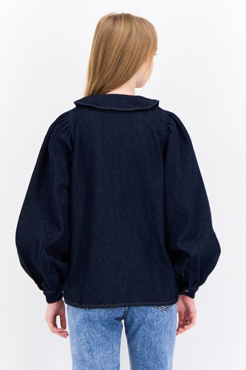 Envii قميص جينز نسائي بأكمام طويلة وياقة مدببة، كحلي - Image 3