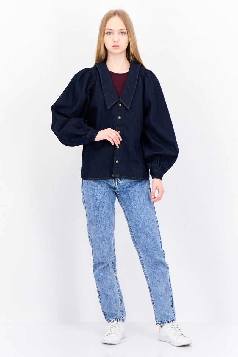 Envii Women Pointed Collar Long Sleeve Plain Denim Shirt, Navy - Image 4