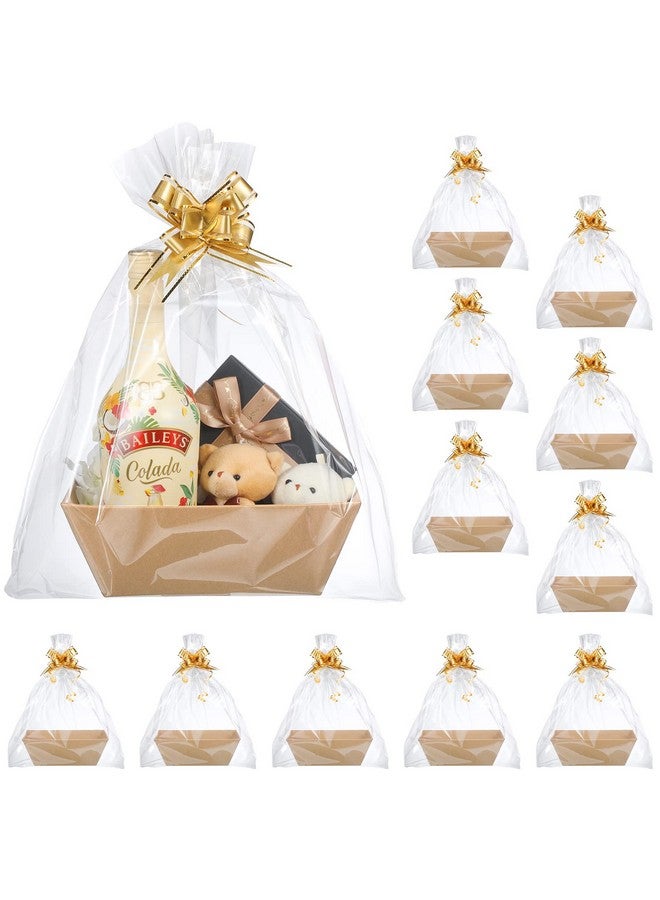 Thenshop 44 Pcs Basket for Gifts Empty Gift Basket Bulk Include 12 Cardboard Tray 12 Plastic Bags and 20 Pull Bows for Wedding Baby Shower Graduation Birthday Party DIY Wrapping(Solid,Khaki) - Image 1