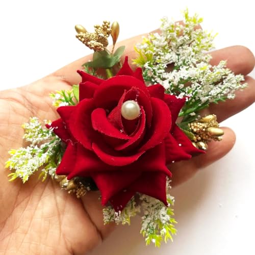ADIKALA™ Handmade Artificial Fake Rose Flower Bunch, Flower Brooch Hamper, for Decoration, Gifting, Trousseau Packing | Fake Rose Head Flower Bunch Hamper (6, Red) - Image 1