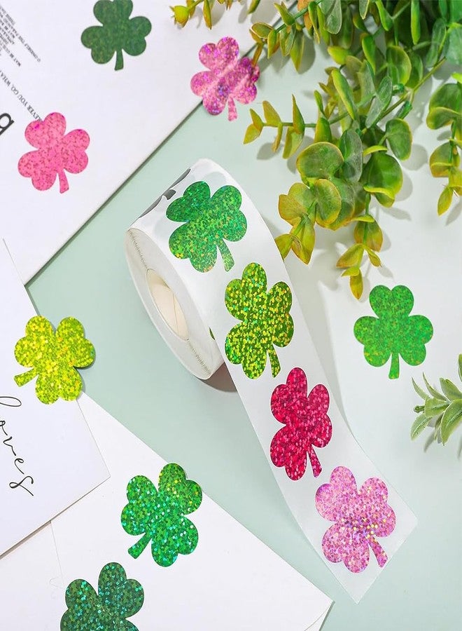 RUPOFUZA 500Pcs St. Patrick's Day Stickers 1in Laser Shamrock Clover Stickers Roll 3 Colors Holographic Self-Adhesive Waterproof Irish Sticker Decor for Bottle Scrapbook Journal Envelopes Decorations - Image 2