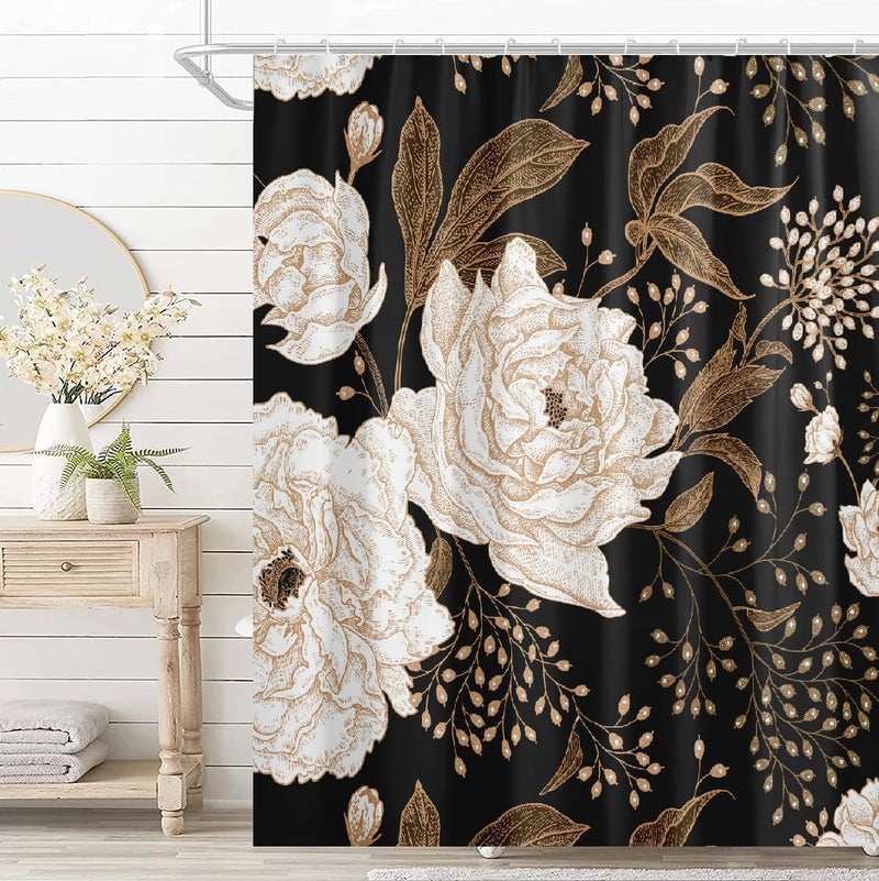 Bivinar Long Black Gold Gold Floral Surtain 72 × 78 بوصة زهور أسود الحمام حمام الستار نسيج دش مقاوم للماء مع 12 خطاف - Image 1