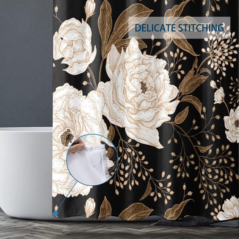 Bivinar Long Black Gold Gold Floral Surtain 72 × 78 بوصة زهور أسود الحمام حمام الستار نسيج دش مقاوم للماء مع 12 خطاف - Image 3