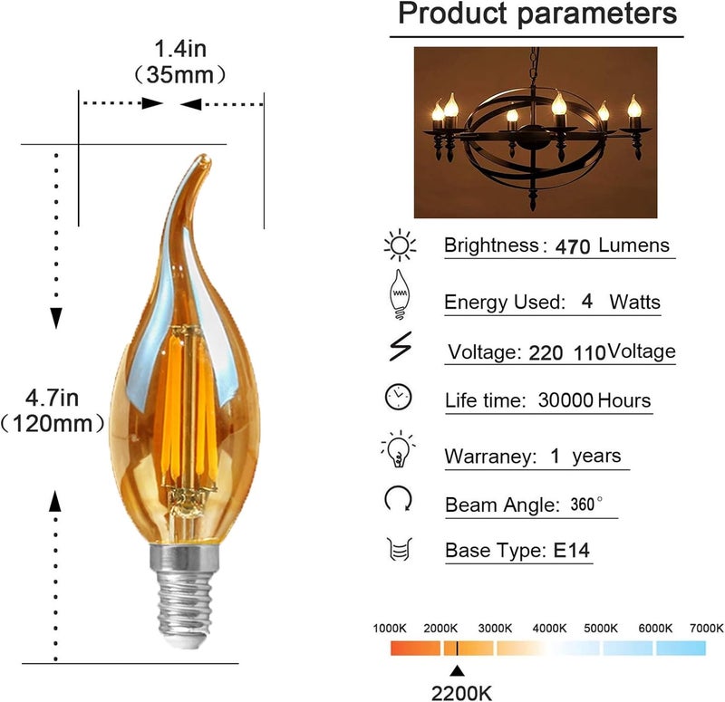 E14 Base 4W Dimmable LED Candelabra Bulb Antique Light 40W Equivalent Incandescent Lamp, 470LM, C35 LED Filament Chandelier Light Bulb for Vintage Style, AC  220V - Image 3