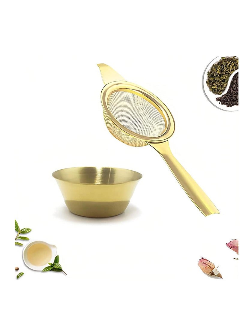 KASTWAVE Tea Strainer for Loose Tea, Stainless Steel Tea Filter with Drip Bowl, Stainless Steel Extra Fine Mesh Tea Strainer for Loose Leaf, Leaf Filter Kitchen Tool With Long Handle and Stand, Gold  - Image 1