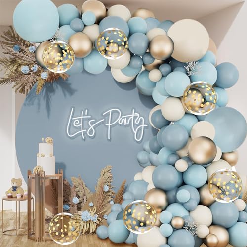 Blocesa Dusty Blue Balloon Arch Kit, Dusty Light Blue Balloons Arch Kit With Metallic Gold Sand White Gold Confetti Balloons for Wedding Bridal Shower Boy Birthday Party Decorations - Image 1