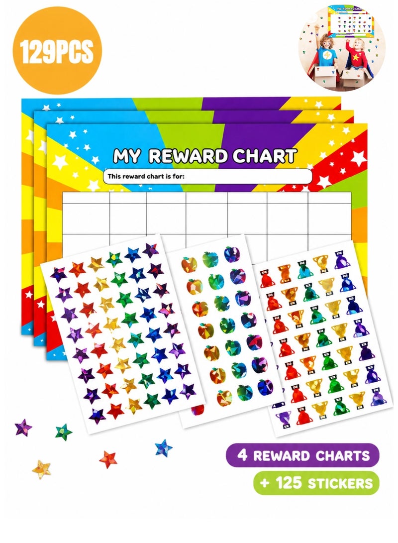 Reward Chart for Kids with Reward Stickers, Behavior Chart & Chore Chart, 129 PCS Classroom Reward System, 4 Reward Charts & 125 Foil Star Stickers for Home, School, Potty Training & Good Behavior - Image 1