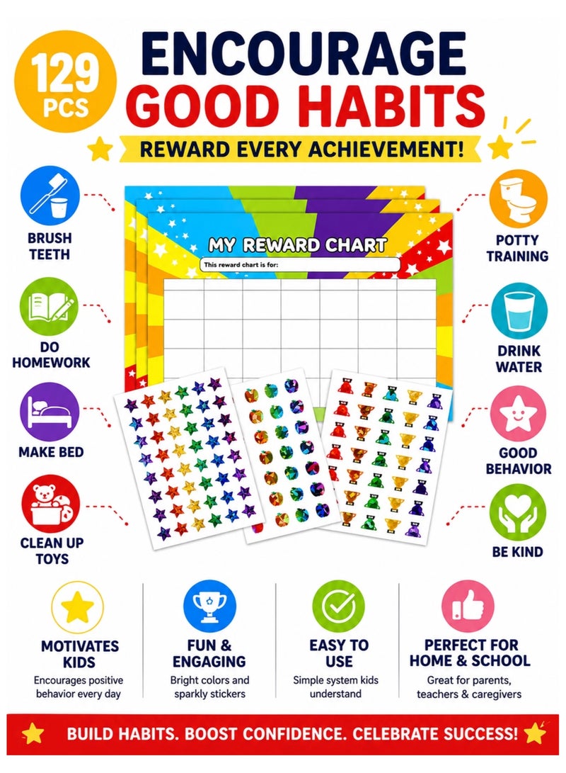 Reward Chart for Kids with Reward Stickers, Behavior Chart & Chore Chart, 129 PCS Classroom Reward System, 4 Reward Charts & 125 Foil Star Stickers for Home, School, Potty Training & Good Behavior - Image 4