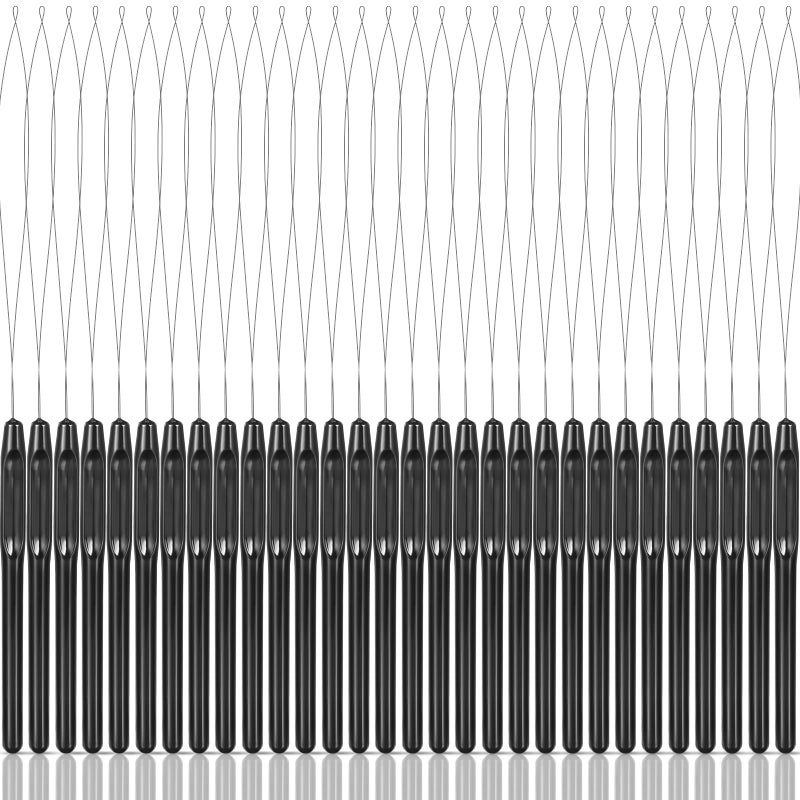 Waydress 30 Pieces Hair Extension Loop Needle Threader Wire Pulling Hook Tool and Bead Device Tool Plastic Loop Needle for Hair or Feather Extensions Supplies, DIY, Black - Image 1