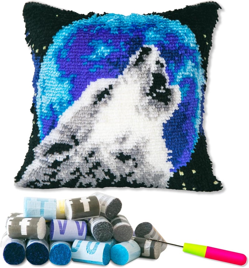 LAPATAIN Latch Hook Kits for DIY Throw Pillow Cover,Needlework Cushion Cover Hand Craft Crochet for Great Family 17X17inch Wolf(Moon) - Image 1