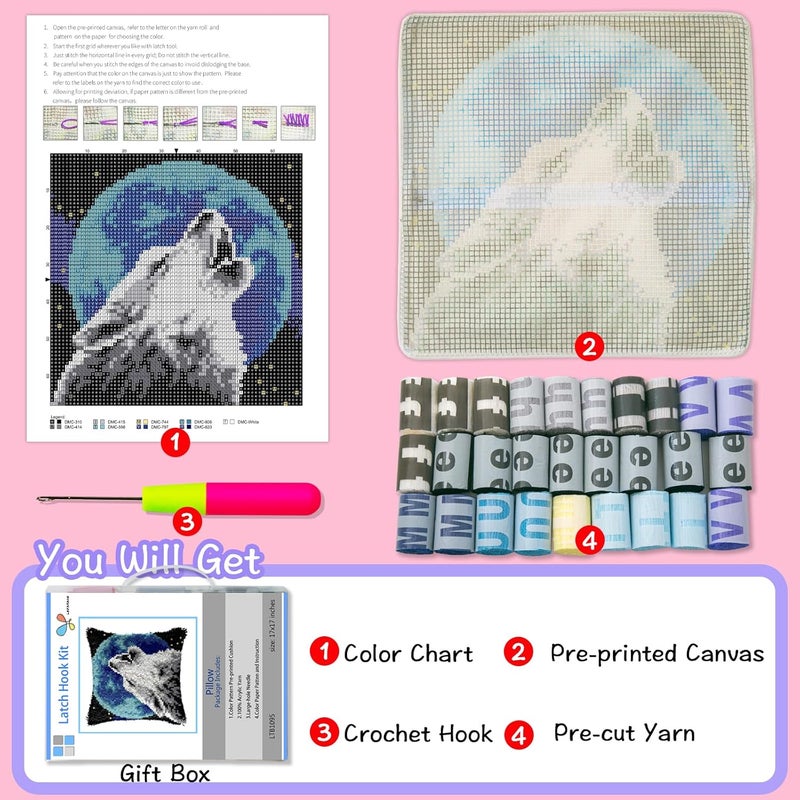 LAPATAIN Latch Hook Kits for DIY Throw Pillow Cover,Needlework Cushion Cover Hand Craft Crochet for Great Family 17X17inch Wolf(Moon) - Image 2