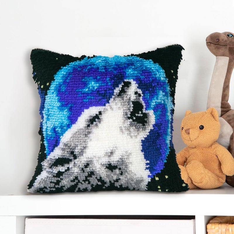 LAPATAIN Latch Hook Kits for DIY Throw Pillow Cover,Needlework Cushion Cover Hand Craft Crochet for Great Family 17X17inch Wolf(Moon) - Image 4