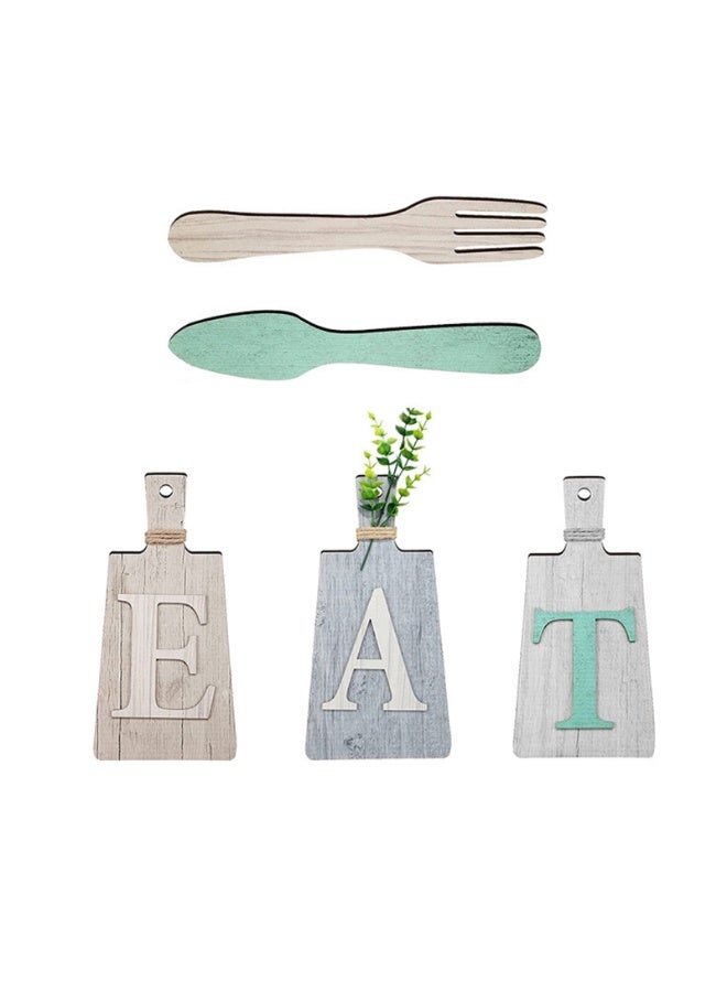 5 PCS Cutting Board Eat Sign Set Wall Decoration Hanging Wooden Letter Handicraft Signs Hanging Art Kitchen Fork and Spoon Wall Decor - Image 2