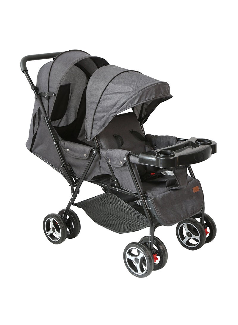 Moon Magnum Tandem Easy Fold Twin Travel Stroller – Compact And Lightweight, Suitable 0m+, Up to 15kg per Seat – Black And Grey Dot - Image 1
