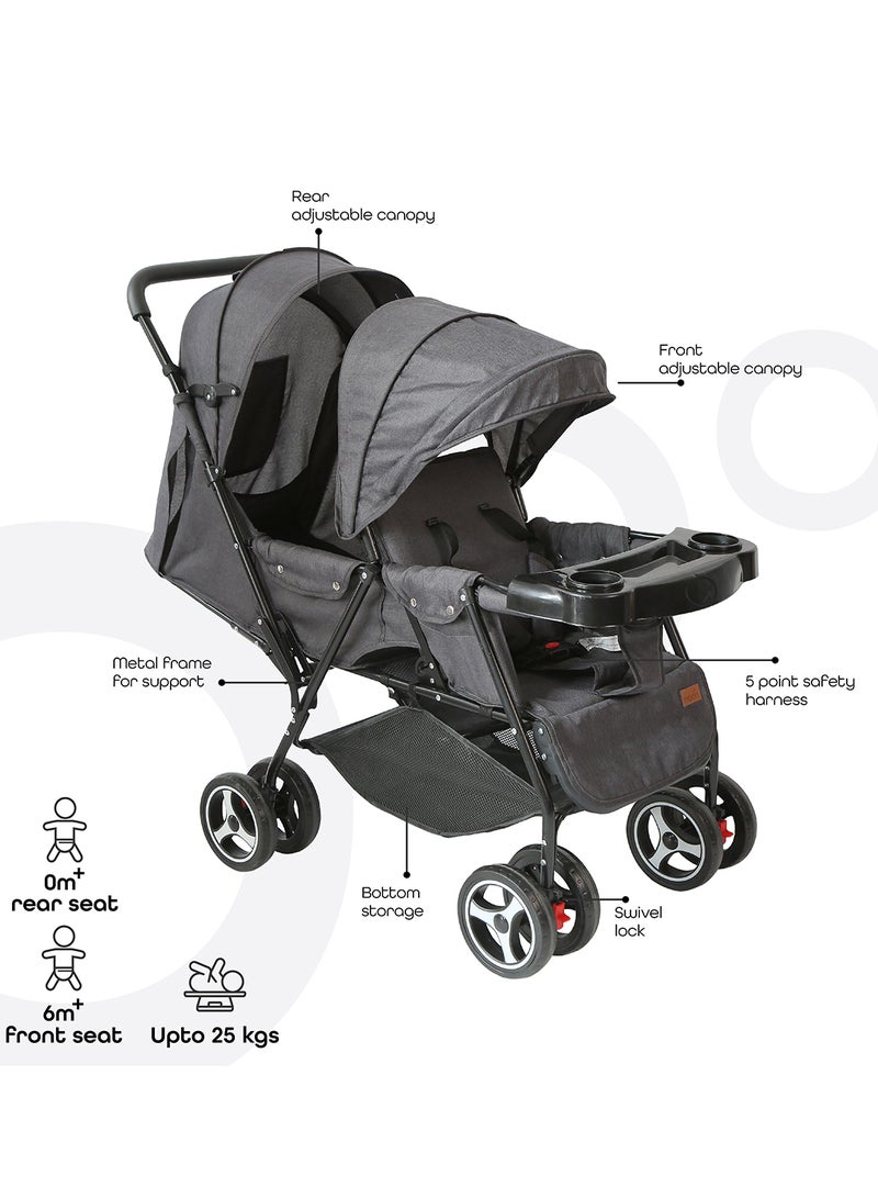 Moon Magnum Tandem Easy Fold Twin Travel Stroller – Compact And Lightweight, Suitable 0m+, Up to 15kg per Seat – Black And Grey Dot - Image 2