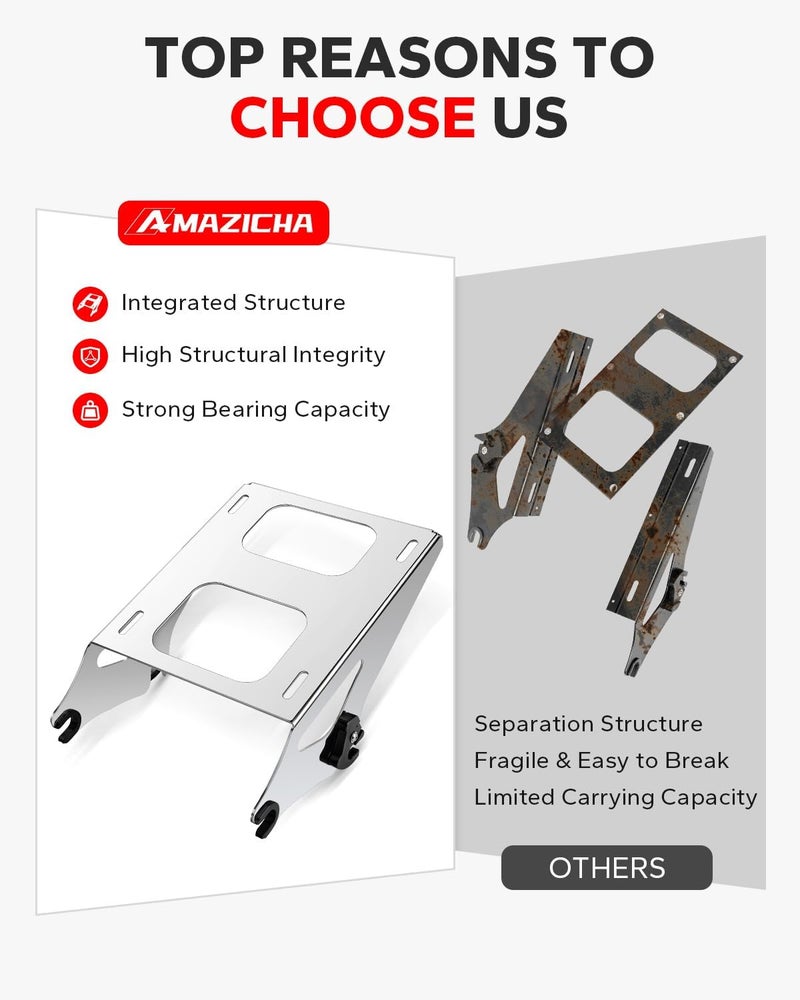 Amazicha Chrome Detachable Two-Up Tour Pack Luggage Rack for Harley Davidson 2014-2021 - Image 3