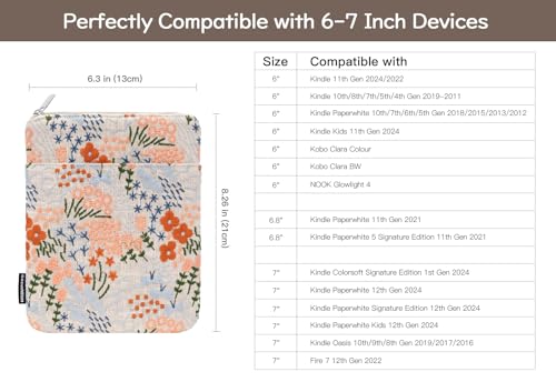 Dadanism 67 Inch Embroidered Flower Padded Sleeve for AllNew 7 Kindle Paperwhite 7 Kindle Colorsoft 6 Kindle Protective Sleeve Case for 6 Kobo Clara BWColour EReader Beige Floral - Image 3