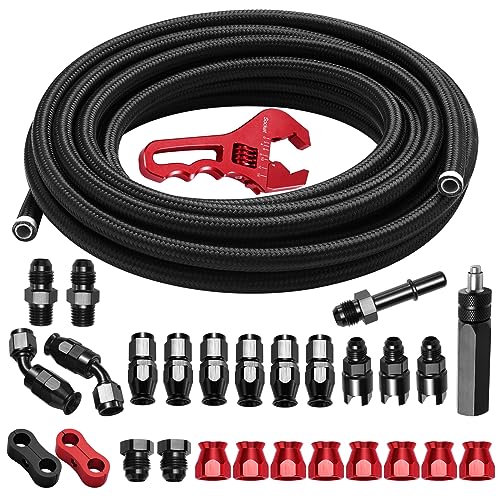 BRIFITOR 6AN 25FT PTFE Fuel Line Kit, AN6 3/8" LS Swap EFI E85 Nylon Stainless Steel Braided Fuel Hose With 26PCS PTFE Fuel Hose Fitting Adapter Black - Image 1
