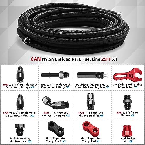 BRIFITOR 6AN 25FT PTFE Fuel Line Kit, AN6 3/8" LS Swap EFI E85 Nylon Stainless Steel Braided Fuel Hose With 26PCS PTFE Fuel Hose Fitting Adapter Black - Image 2