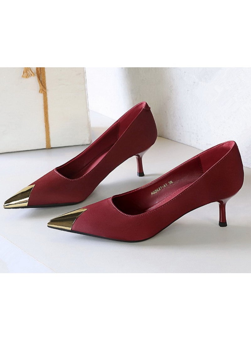 BIGTREE Women's Elegant Metal Closed Pointed Toe High Heels Satin Party Stiletto Pumps Wine Red 5CM