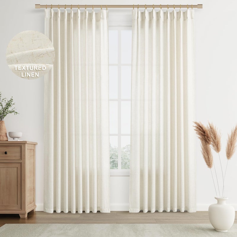 Joywell Linen Pinch Pleated Window Curtains 84 Inch Long Back Tab Clip Rings Semi Sheer Light Filtering Drapes with Hooks for Bedroom Living Room Decor W50 x L84 Natural Beige 2 Panels 7 FT - Image 1