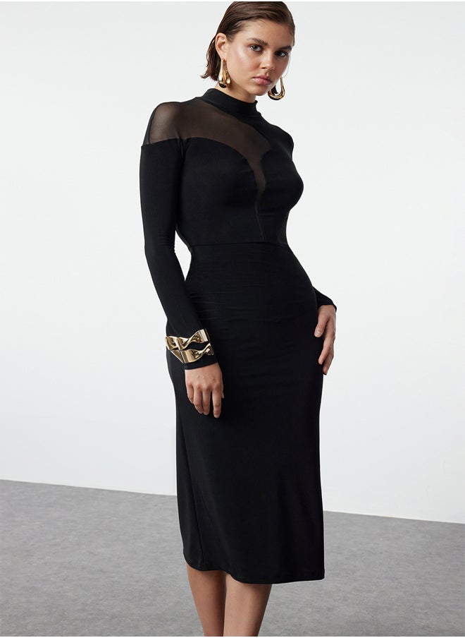 trendyol - Black Collar Detailed Knitted Midi Elegant Evening Dress TPRAW25EL00027 - Image 1