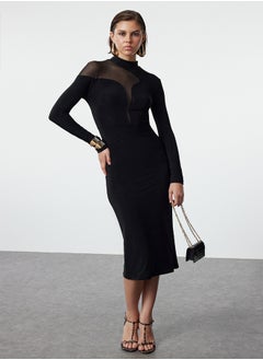Black Collar Detailed Knitted Midi Elegant Evening Dress TPRAW25EL00027