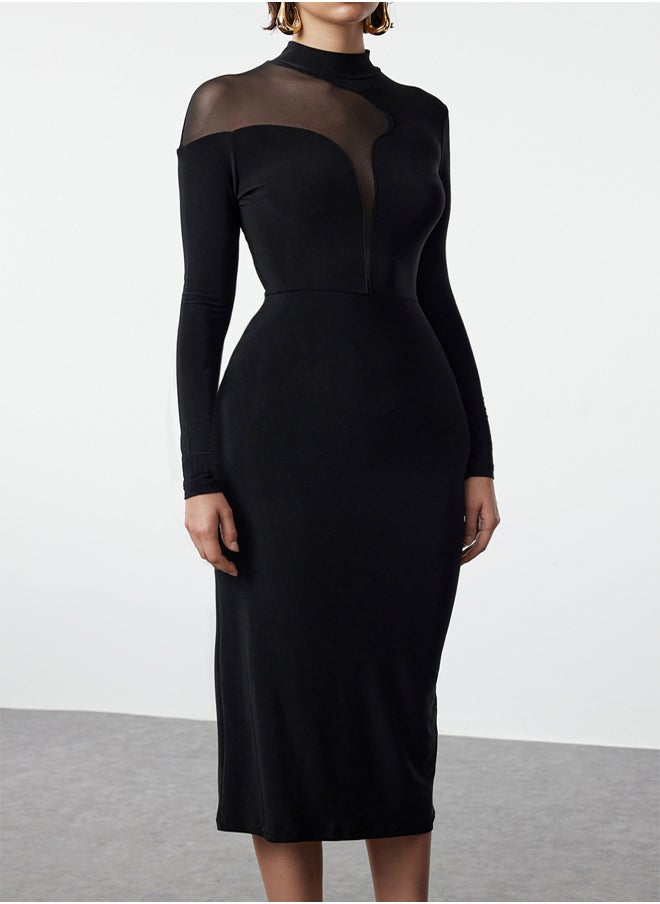 trendyol - Black Collar Detailed Knitted Midi Elegant Evening Dress TPRAW25EL00027 - Image 1